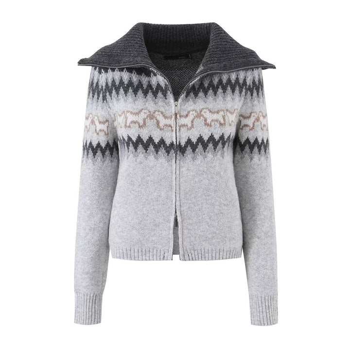Women's Knitted Zip Cardigan with Norwegian Pattern and Extra Wide Turn-Down Collar Mune Fashion