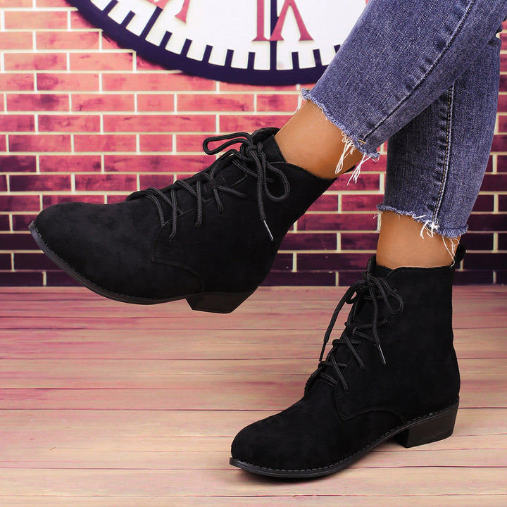 Women’s ankle-high lace-up ankle boots with a soft suede look, practical pull tab, and low block heel Mune Fashion