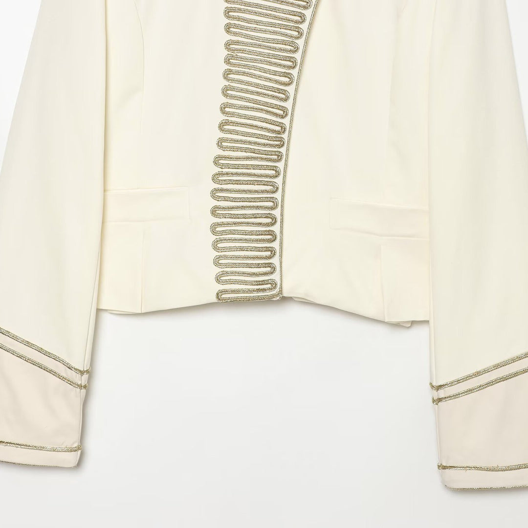 Women's Military Style Short Blazer with Decorative Trim and Stand-Up Collar Mune Fashion