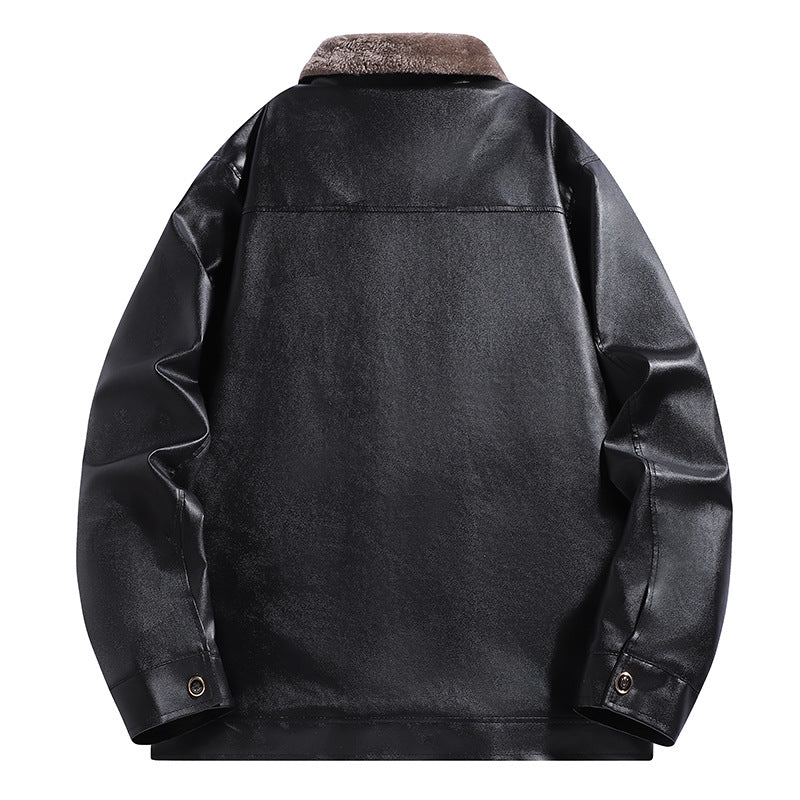 Men's Faux Leather Flight Jacket with Teddy Lining and Quilted Shoulder Area Mune Fashion