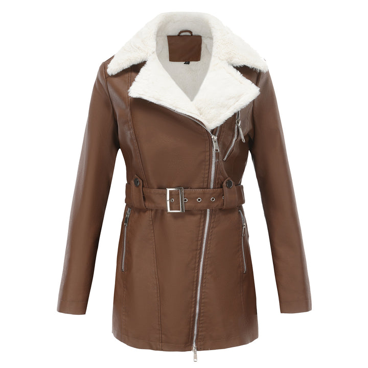 Ladies tailored coat in lambskin look with asymmetrical zipper and wide waist belt Mune Fashion