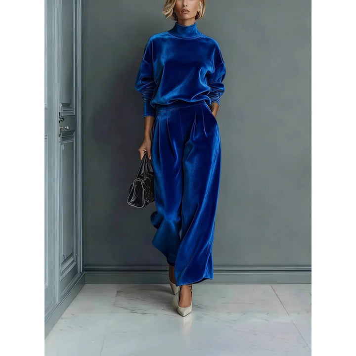 Women's Two-Piece Velvet Loungewear Set with Stand Collar and Pleated Palazzo Pants Mune Fashion