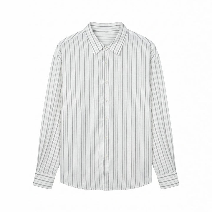 Unisex Long Relaxed-Fit Striped Shirt with Kent Collar and Rounded Hem Mune Fashion