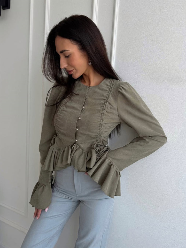 Women's Ruffled Fitted Blouse with Peplum & Puff Sleeves Mune Fashion