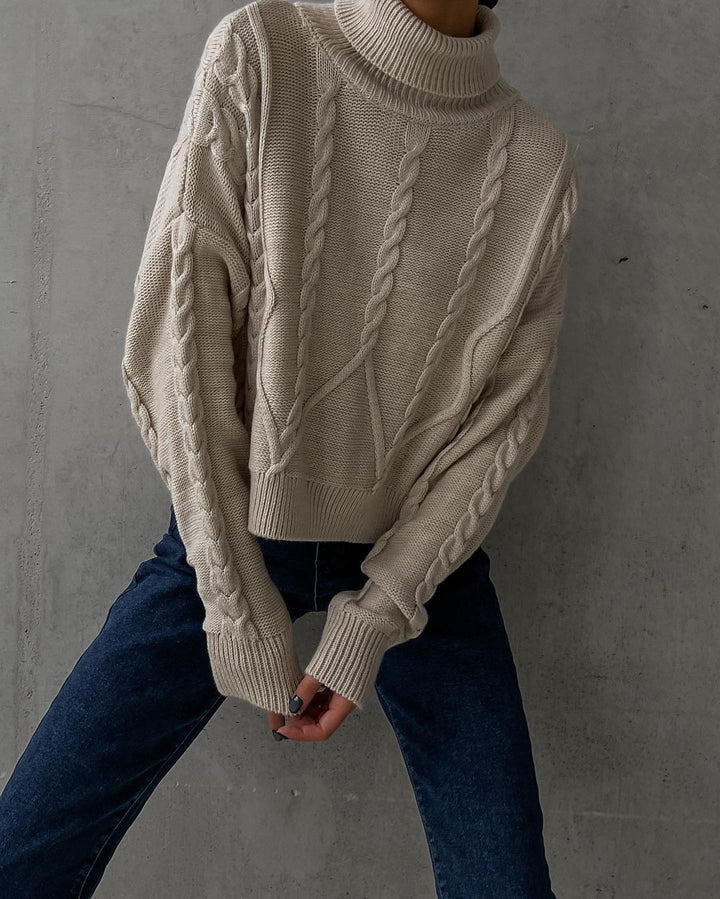 Womens chunky knit turtleneck sweater with cable knit details Mune Fashion