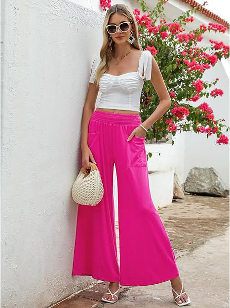 Women's Wide-Cut Palazzo Pants with Elastic Waistband and Practical Pockets Mune