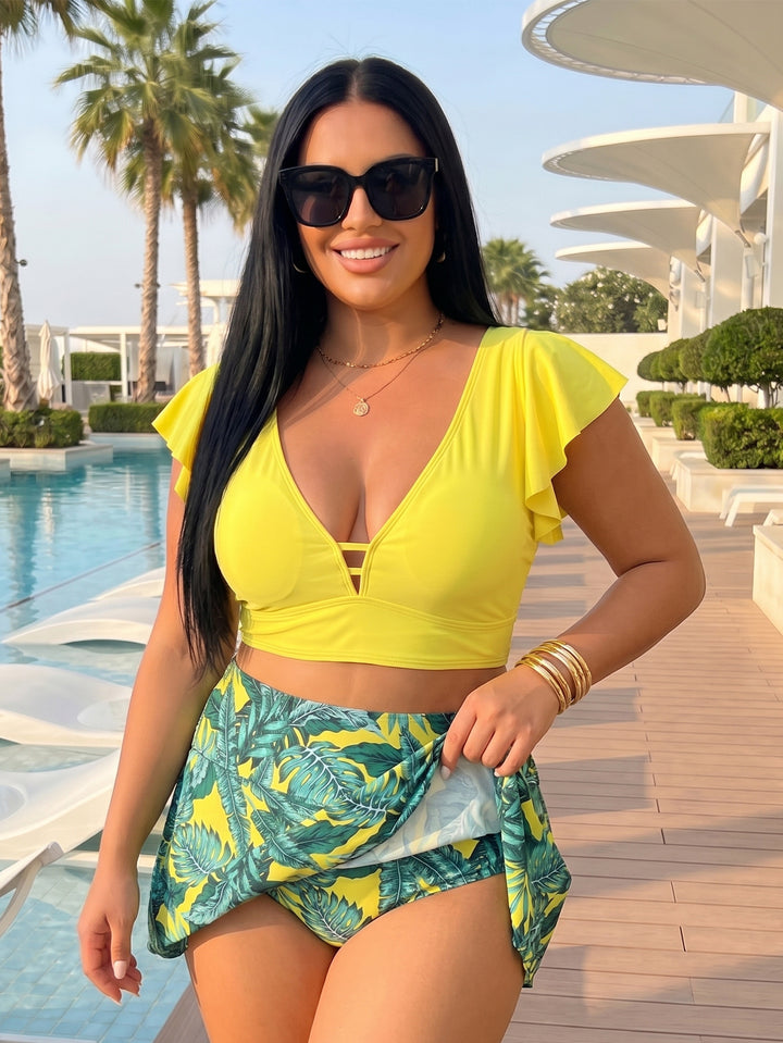 Women's bikini top with elegant wrap detail and floral under skirt Mune Fashion