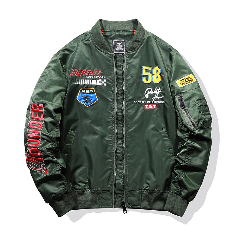 Men's sporty bomber jacket with colorful appliques Mune Fashion