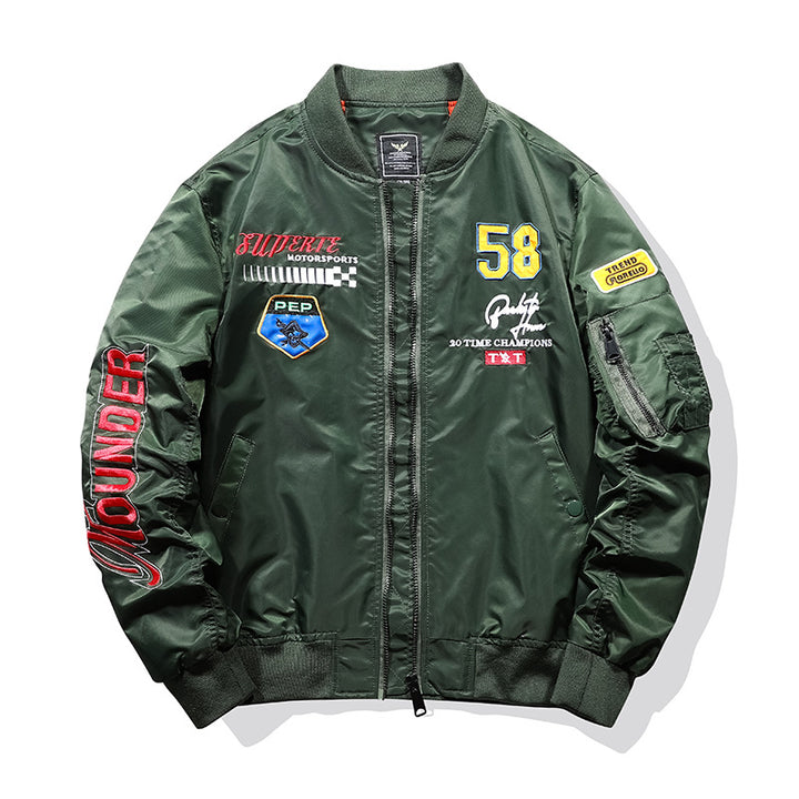 Men's sporty bomber jacket with colorful appliques Mune Fashion