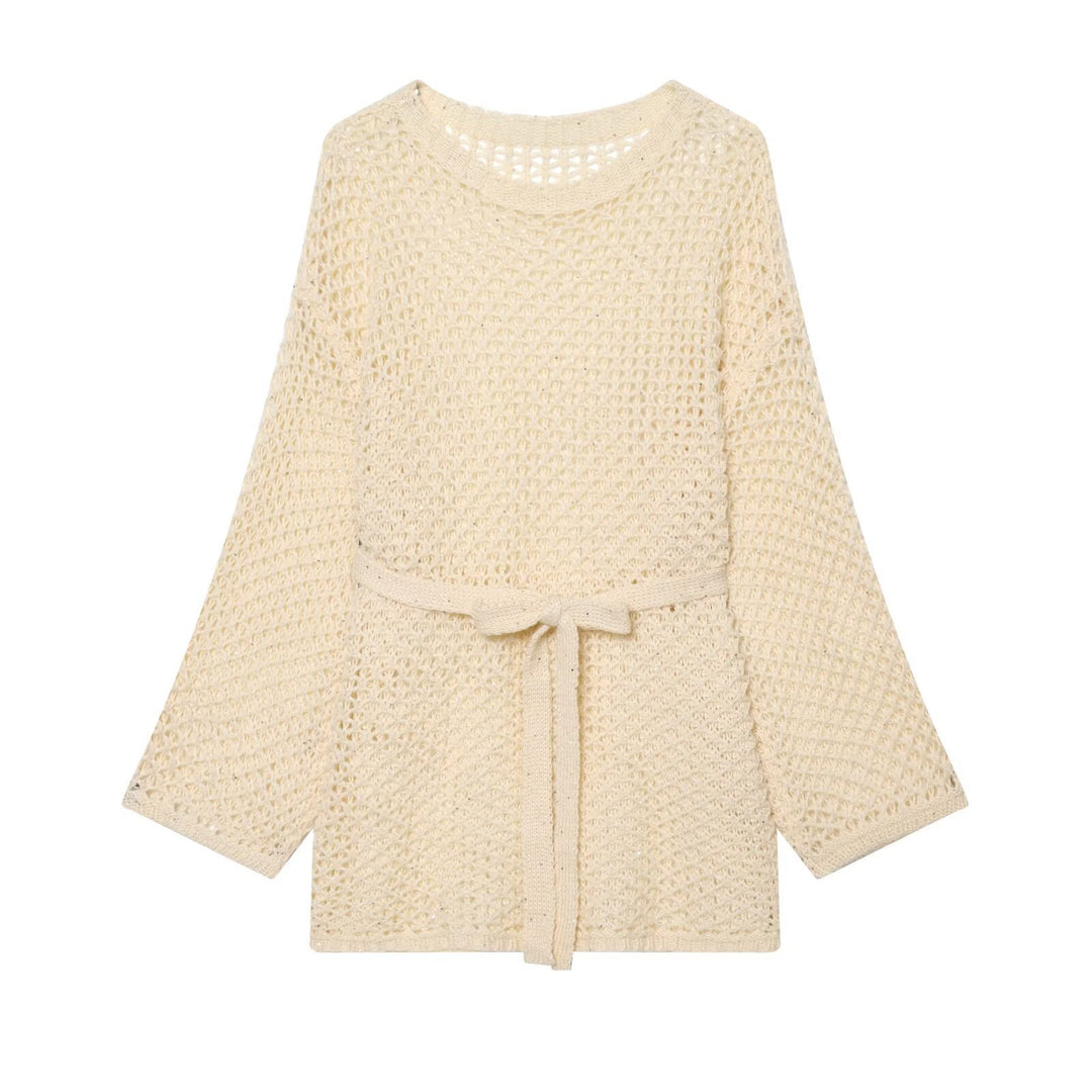 Women's Loose Crochet Cardigan with Waist Belt and 3/4 Sleeves Mune Fashion