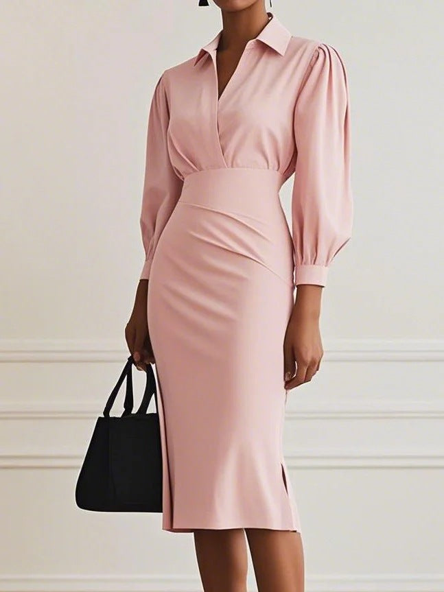 Women's Shirt Blouse Dress with V-Wrap, Puff Sleeves and Tailored Midi Length Mune Fashion