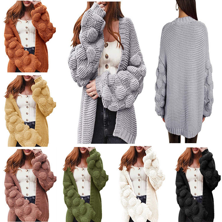 Damen Oversize Grobstrick-Cardigan mit Puffärmeln und offener Front Drune