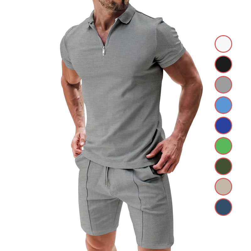 Men's casual polo shirt and chino shorts set with half zipper, textured jersey and subtle crease Mune Fashion