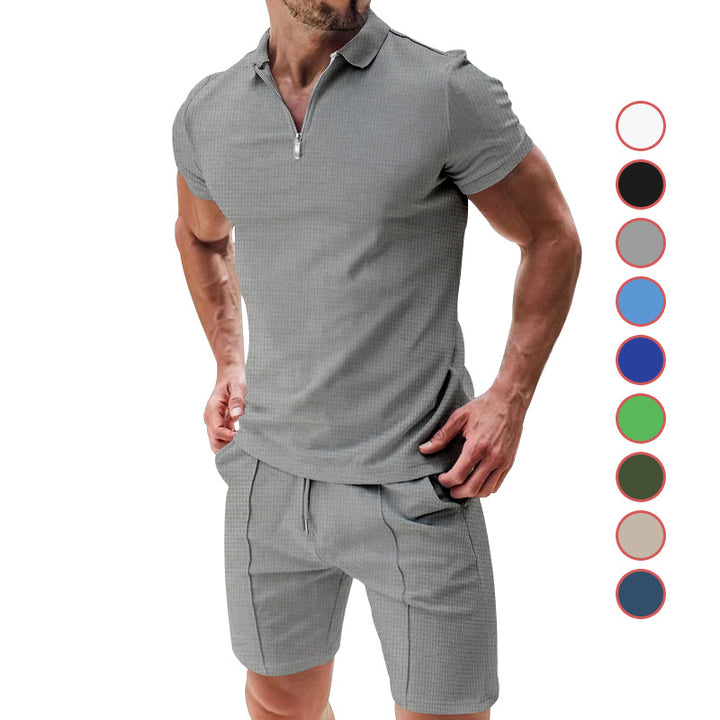 Men's casual polo shirt and chino shorts set with half zipper, textured jersey and subtle crease Mune Fashion