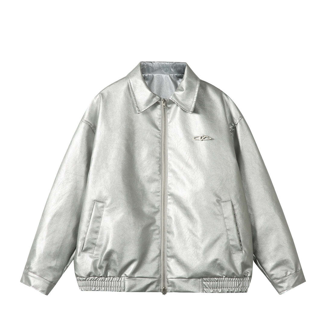 Ladies Oversize Smooth Leather Look Blouson Jacket with Elastic Hem and Metal Logo Mune Fashion