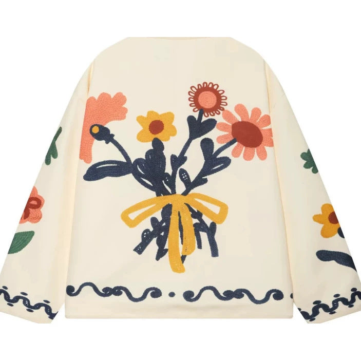 Women's Boxy Cardigan Jacket with Floral Appliqués and Patch Pockets Mune Fashion