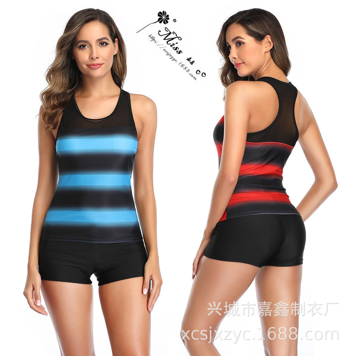 Women's Sporty Tankini with Stylish Stripe Pattern Mune Fashion