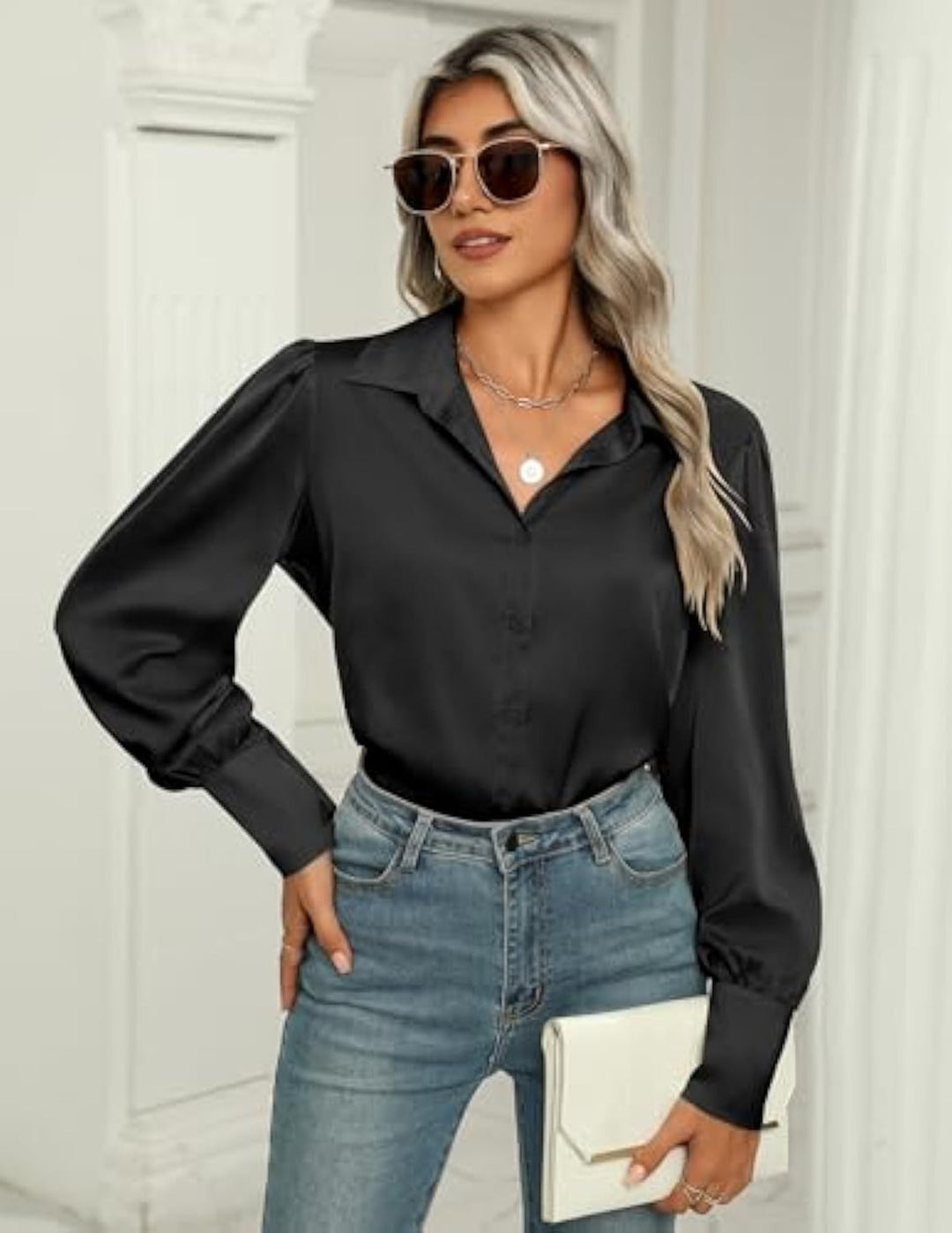 Women's silk look blouse with shirt collar, concealed button placket and long cuffs Drune