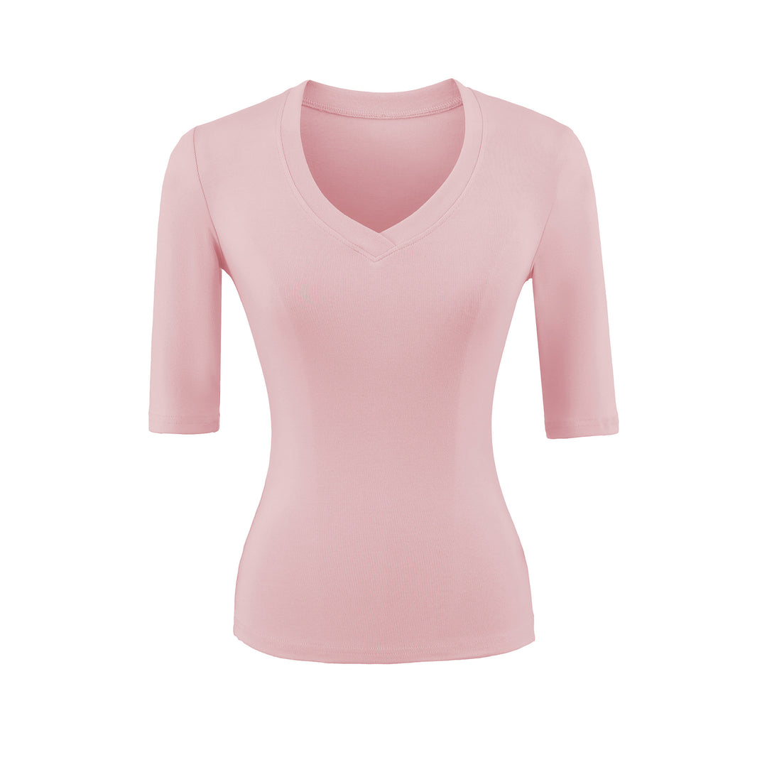 Women's Fitted V-Neck Three-Quarter Sleeve Fine Rib Top made of Stretch Jersey Mune Fashion
