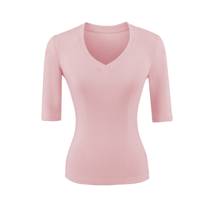 Women's Fitted V-Neck Three-Quarter Sleeve Fine Rib Top made of Stretch Jersey Mune Fashion