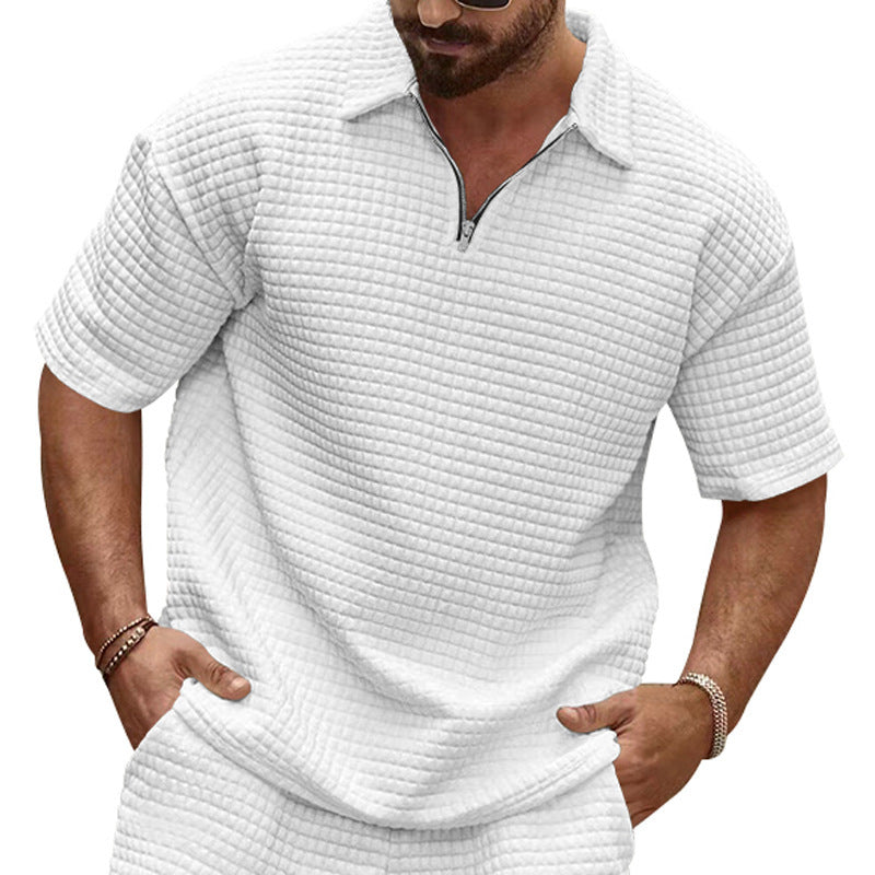 Men's polo collar ensemble with quilted box pattern, short front zipper and loose fit Mune Fashion