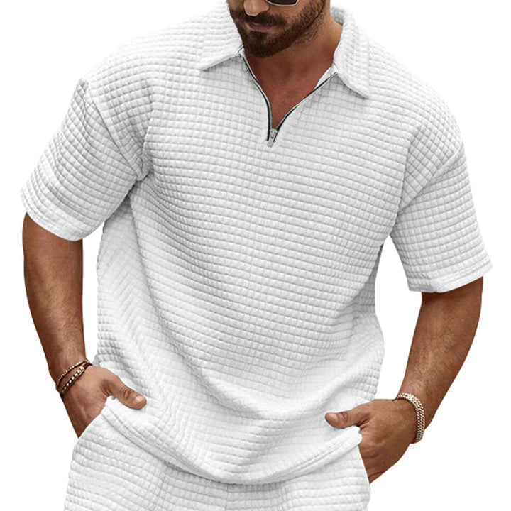 Men's polo collar ensemble with quilted box pattern, short front zipper and loose fit Mune Fashion