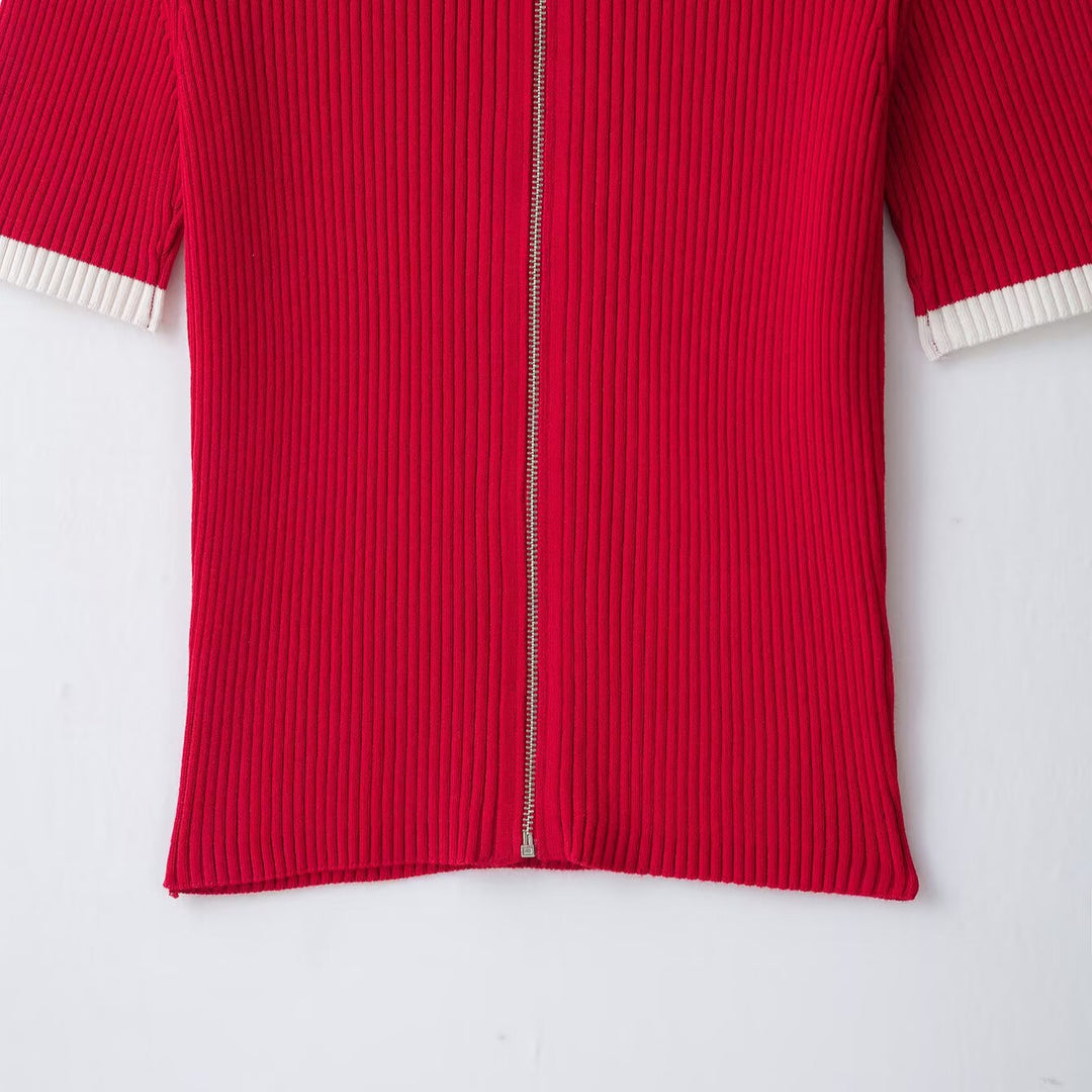 Women Ribbed Short Sleeve Polo Cardigan with Full Zip Mune Fashion
