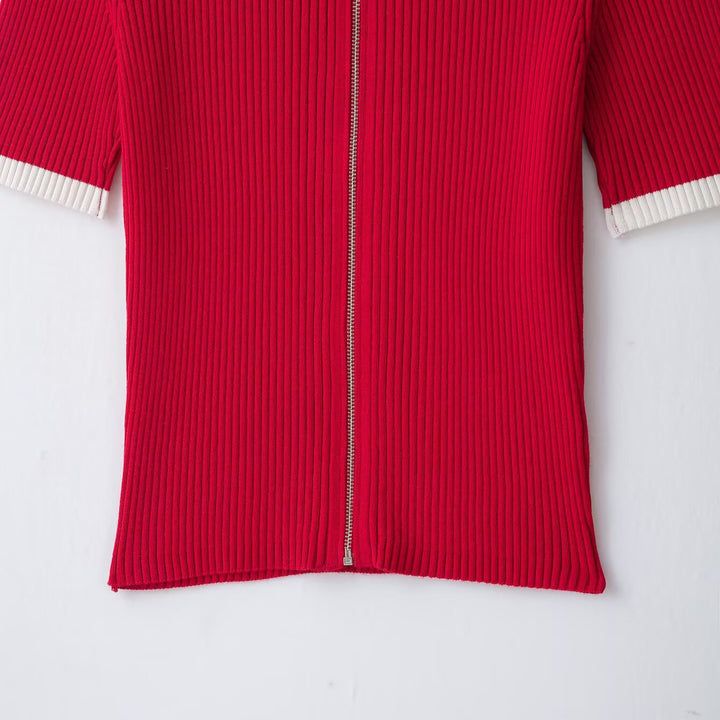 Women Ribbed Short Sleeve Polo Cardigan with Full Zip Mune Fashion