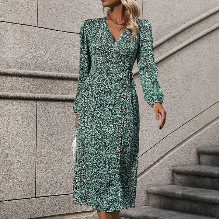 Women Floral Wrap Midi Dress with Asymmetrical Button Placket and Gathered Waist Mune Fashion