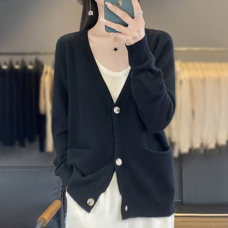 Women's Casual Fine Knit Cardigan with V-Neck, Hand Pockets and Wide Ribbed Cuff Mune Fashion