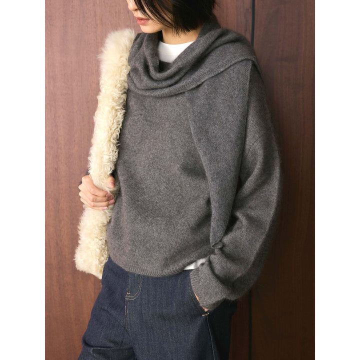 Ladies Soft Fine Knit Sweater with Voluminous Loop Collar and Boxy Silhouette Mune Fashion
