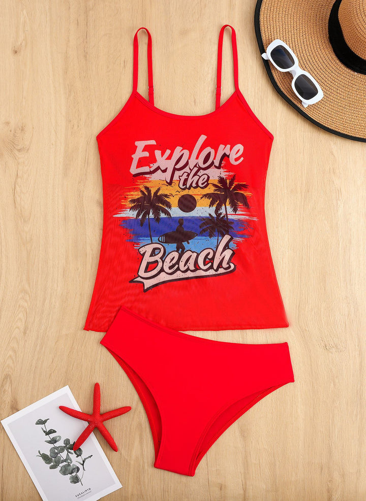 Ladies Tankini Set with sporty graphic design and high-waisted bottoms Mune Fashion