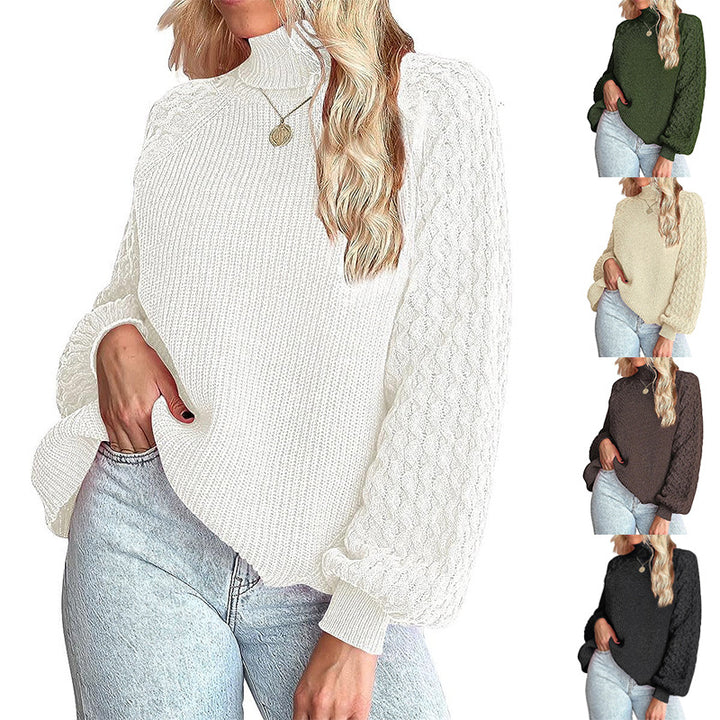 Women's fine knit sweater with turtleneck and voluminous cable pattern sleeves Mune Fashion