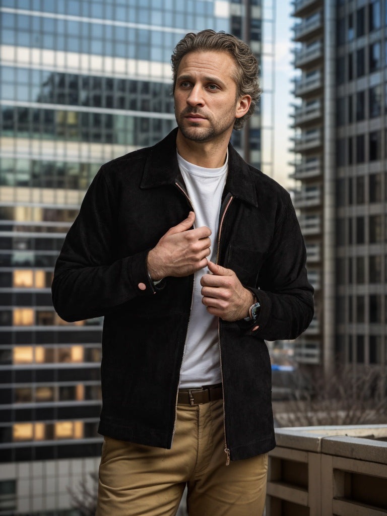 Men's suede leather jacket with stand-up collar and chest pocket Mune Fashion