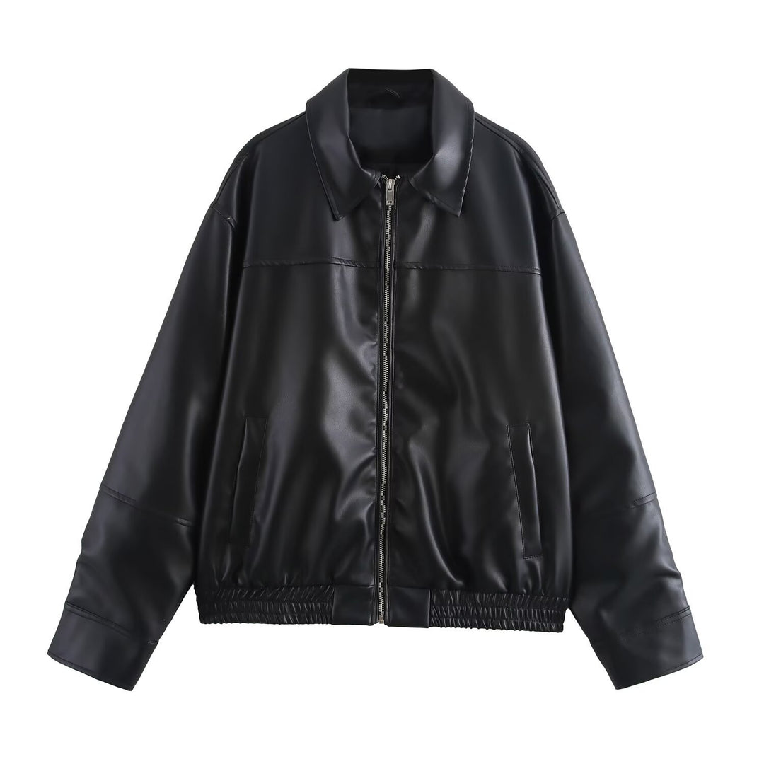 Women's short jacket made of faux leather in oversized bomber style with shirt collar and elastic hem Mune Fashion