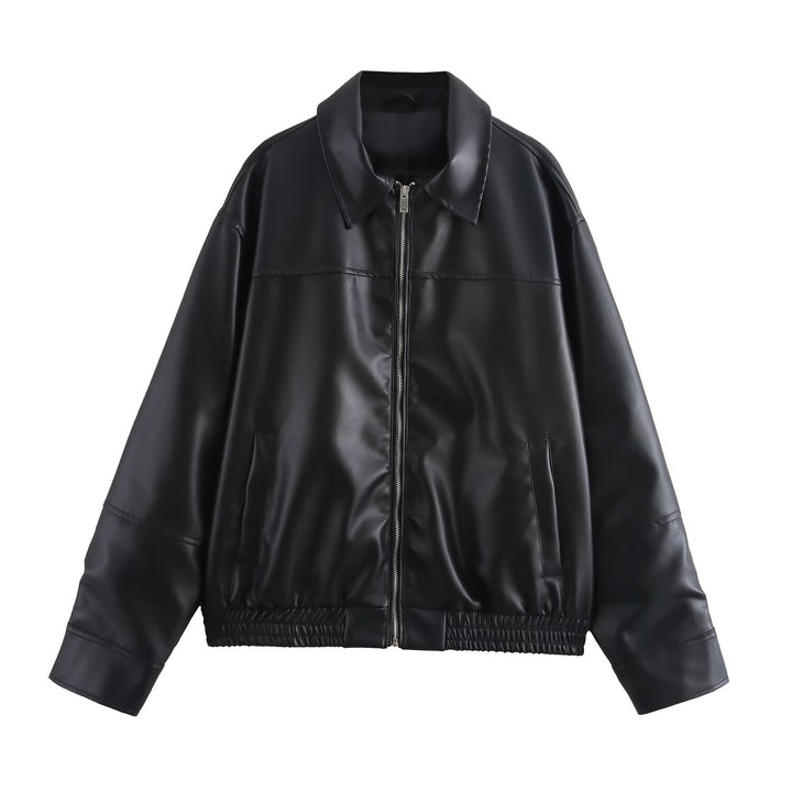Women's short jacket made of faux leather in oversized bomber style with shirt collar and elastic hem Mune Fashion