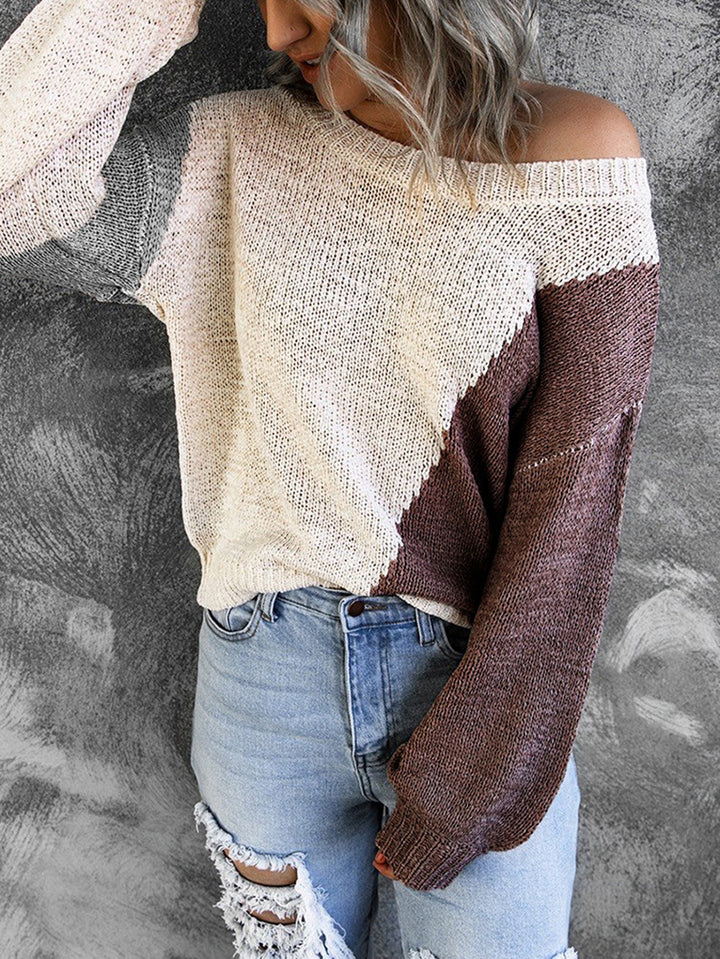 Women's Oversize Knit Sweater with Off-the-Shoulder Cut and Color Block Design Mune Fashion