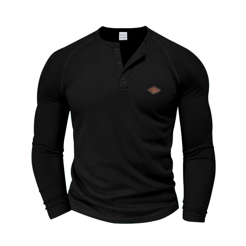 Men's structured waffle Henley shirt with short button placket, raglan sleeves, and leather patch Mune Fashion