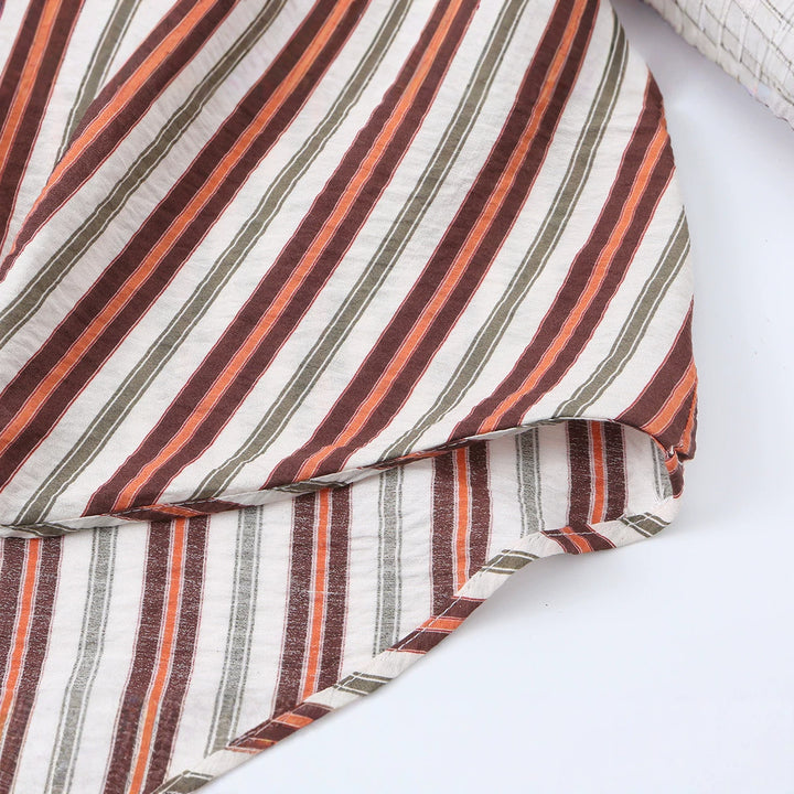 Women's loosely cut wrap blouse with shirt collar, three-quarter sleeves, and stripe pattern Mune Fashion