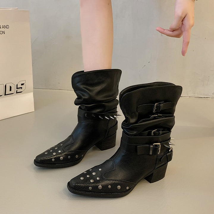 Ladies Stylish Ankle Boots with Buckles and Studs Mune Fashion