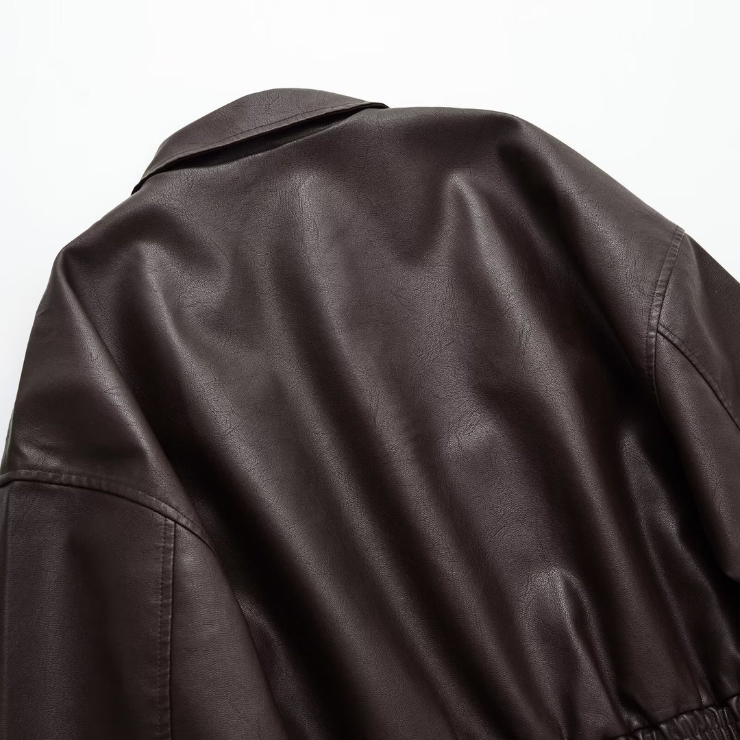 Women's Short Boxy Bomber Jacket in Vegan Leather Look with Shirt Collar and Elastic Waistband Mune Fashion