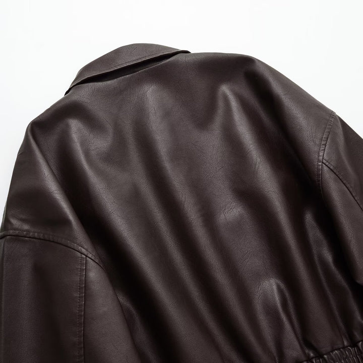 Women's Short Boxy Bomber Jacket in Vegan Leather Look with Shirt Collar and Elastic Waistband Mune Fashion