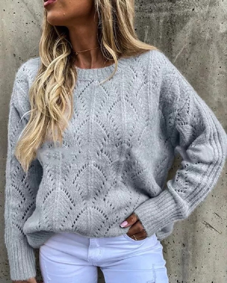 Women Oversize Ajour Knit Sweater with Round Neck Mune Fashion