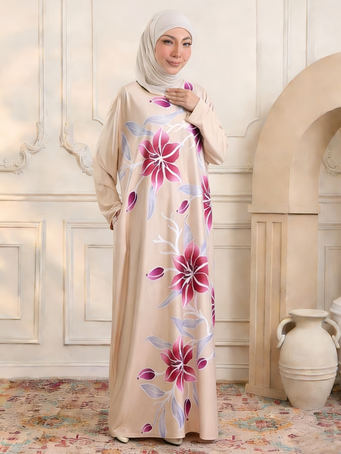 Women's maxi dress in kaftan style with hand-painted floral print Mune Fashion
