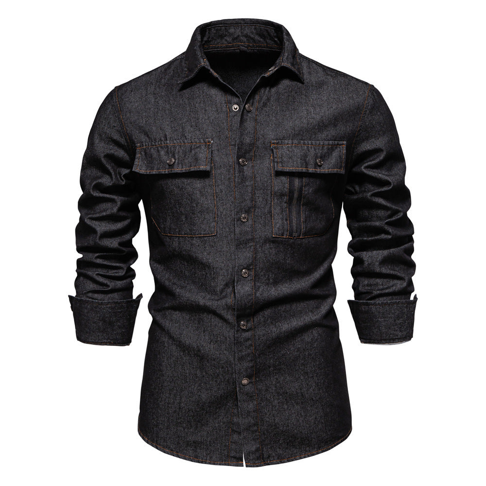 Men's tailored denim shirt with Kent collar, patch chest pockets and contrast stitching Mune Fashion