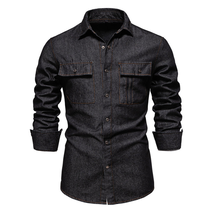 Men's tailored denim shirt with Kent collar, patch chest pockets and contrast stitching Mune Fashion