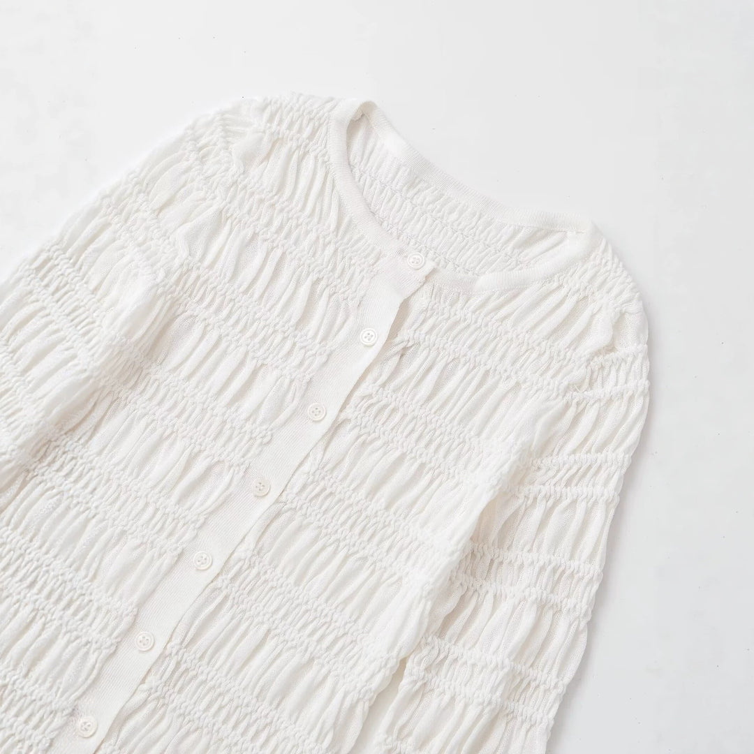 Women's Smocked Long Sleeve Top with Ruffle Hem and Fitted Cut Mune Fashion