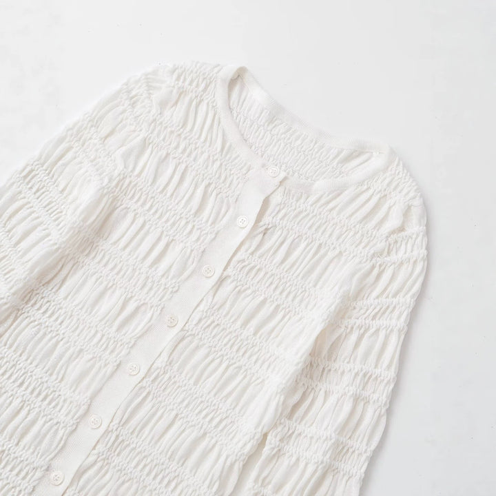 Women's Smocked Long Sleeve Top with Ruffle Hem and Fitted Cut Mune Fashion