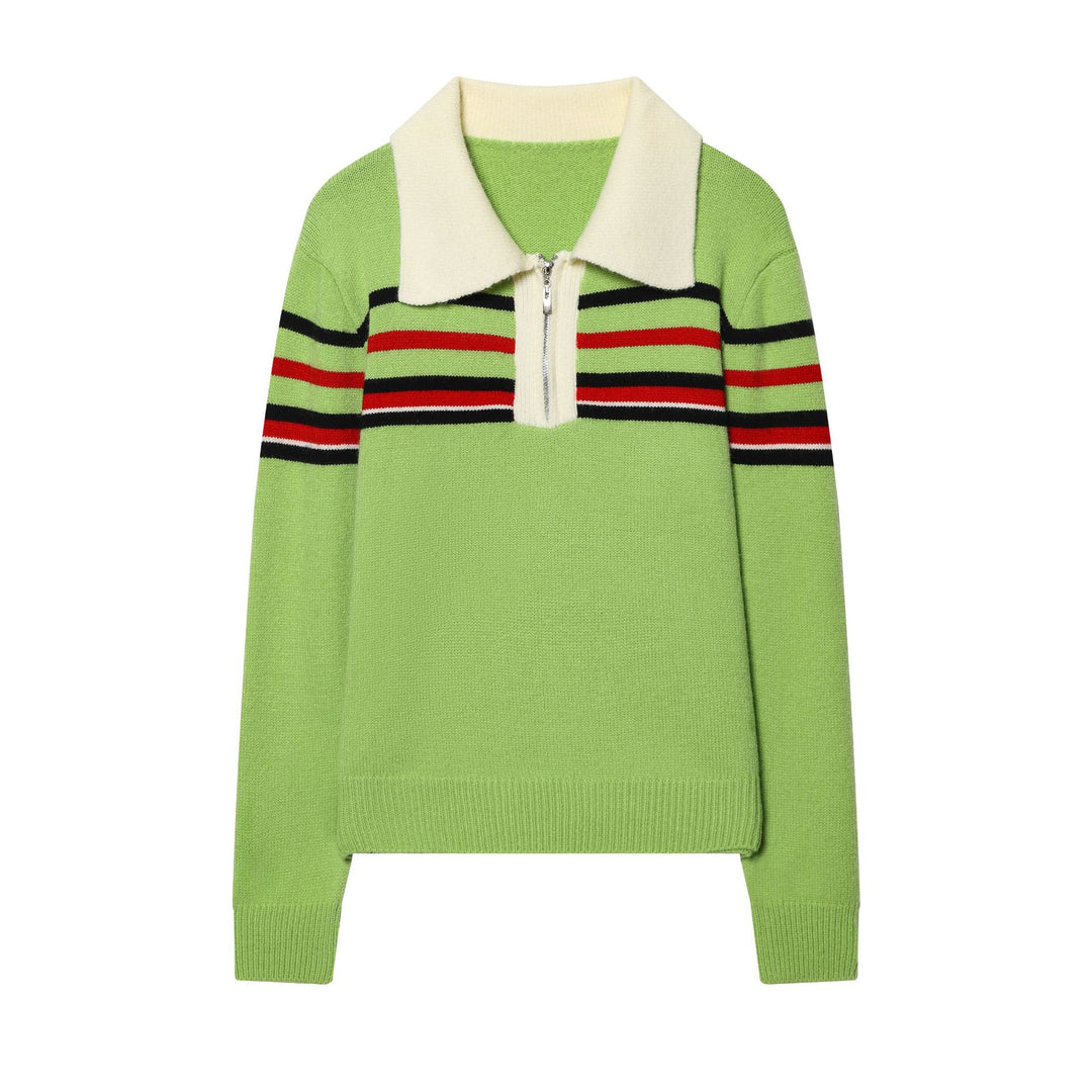 Women's ribbed knit pullover with half zip, large contrast collar, and striped chest area Mune Fashion