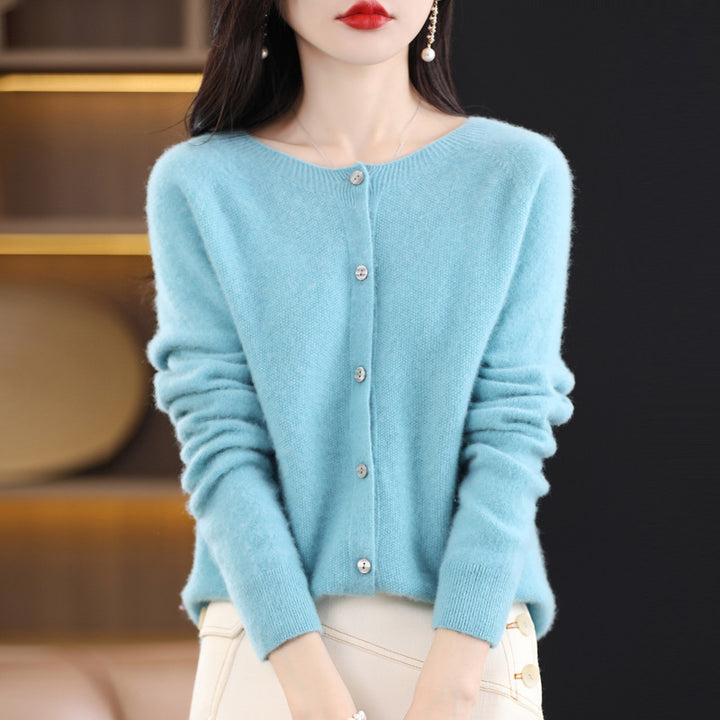 Women's Short-Cut Cardigan in Mohair-Look with Round Neckline and Pearl Buttons Mune Fashion
